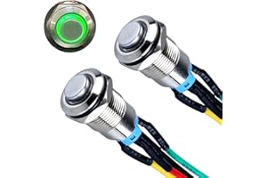 DMWD 2Pcs 12mm Metal Latching Push Button Switch Waterproof Anti-Vandal High Round Head Silver Shell with 15cm Pre-soldered Cable 1NO 12V-24V ON-Off for 1/2" Mounting Hole with Halo Ring Green LED