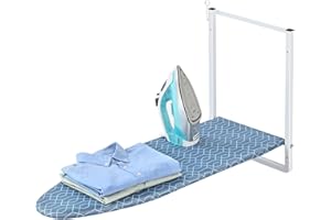 KINGBOARD Wall Mounted Ironing Board with Iron Holder, Compact Ironing Board for Small Spaces, Foldable Iron Stand Heat Resistant Cover, 36" X 12" Deep Blue