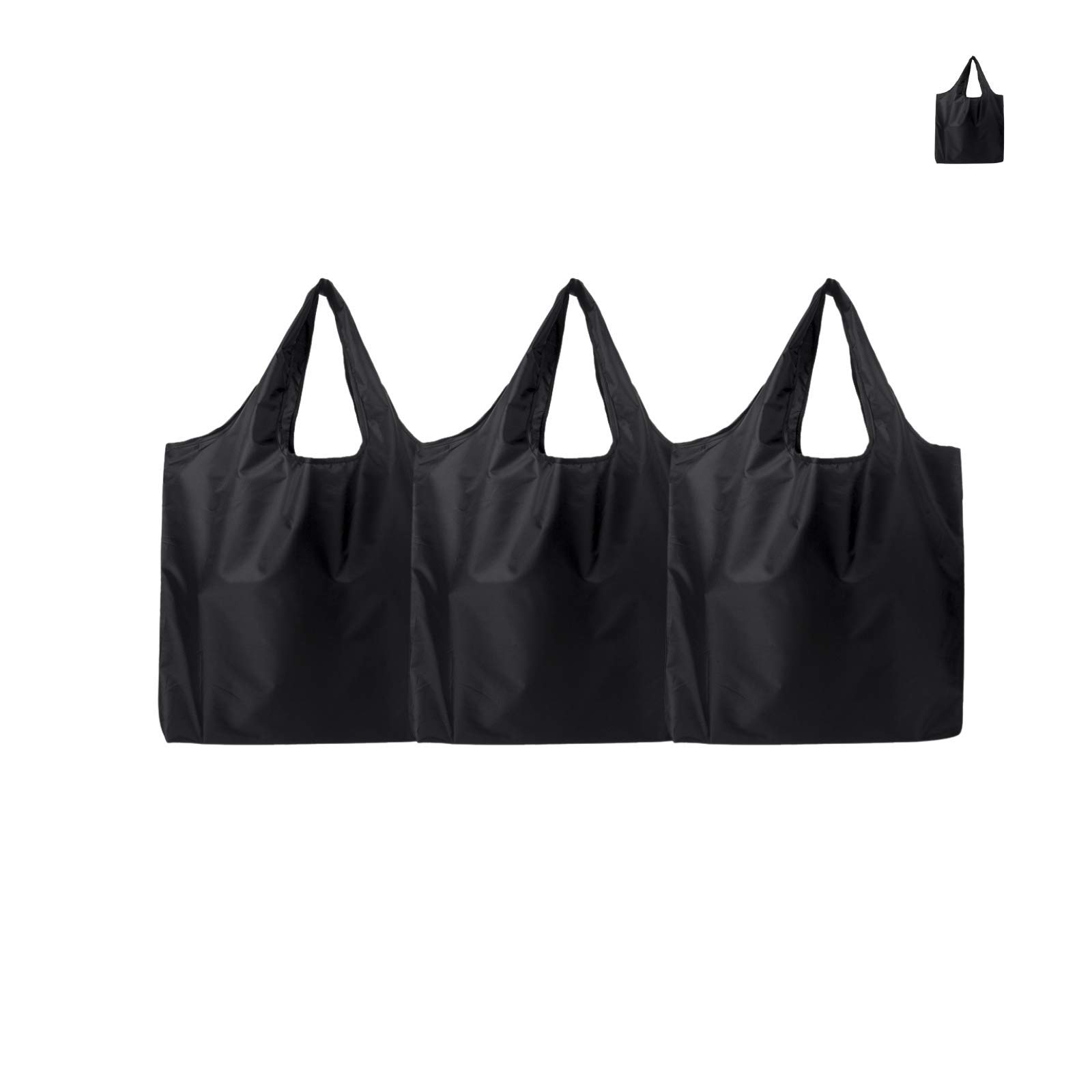 CHENGZI 3 Pac Reusable Grocery Bags Lightweight Shopping Bags, Fold Up Shopper With Attached Pouch, Washable, Durable for Men Women (BLACK)