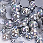 1000PCS Mixed Sizes 3/4/5/6/8/10mm Flatback Half Round Pearls Gems for Crafting, AB Color Pearl Beads Stones for Crafts Jewelry Clothes Shoes Dress Nail Art Making Embellishments (Light Grey AB)