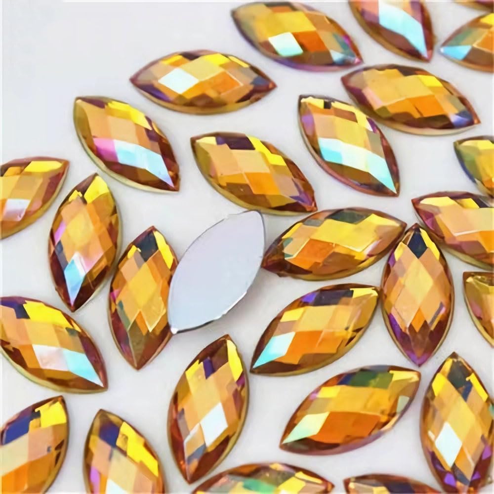 Photo 1 of 100 Pcs 15x7mm AB Colorful Jewels Gems Rhinestones for Crafts, Horse Eye Flatback Acrylic Gemstone for Halloween Party Decorations Clothing Wedding Dress DIY Crafting Accessories(03 Gold Yellow AB)