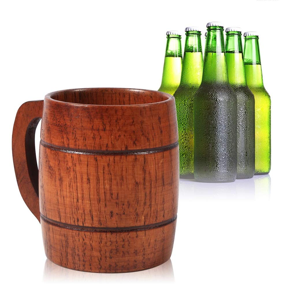 MAGT Wooden Tankard Beer Mug - Handmade Cup Carved With Natural Old-Fashioned Style, Practical for Home Bar, With Handle - For Milk, Coffee, Tea