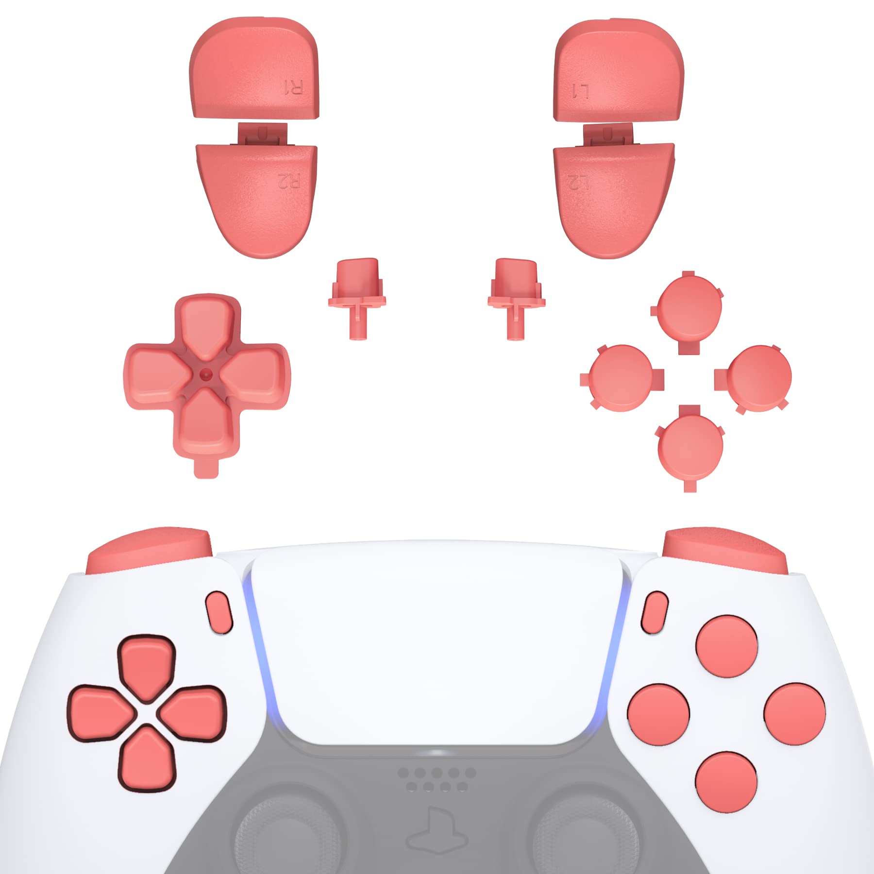 eXtremeRate Replacement D-pad R1 L1 R2 L2 Triggers Share Options Face Buttons, Coral Full Set Buttons Compatible with ps5 Controller BDM-030 BDM-040 BDM-050 BDM-060 - Controller NOT Included