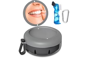 SEANCHEER Denture Bath Case, Denture Cup, Leak Proof Portable Retainer Case, Denture Cleaning Kit with Cleaner Brush, Denture Box with Strainer & Mirror, Denture Case for Aligner Retainer Mouth Guard (Gray)