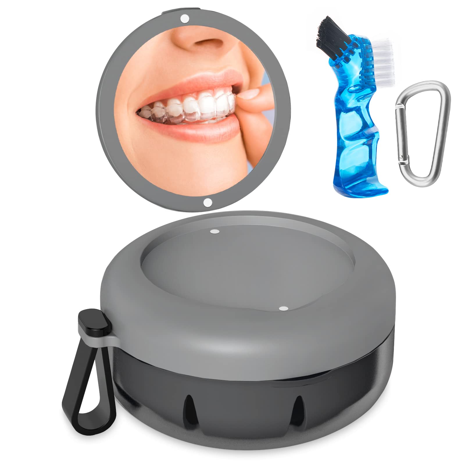 Photo 1 of Denture Bath Case, Denture Cup, Leak Proof Portable Retainer Case, Denture Cleaning Kit with Cleaner Brush, Denture Box with Strainer & Mirror, Denture Case for Aligner Retainer Mouth Guard (Gray)