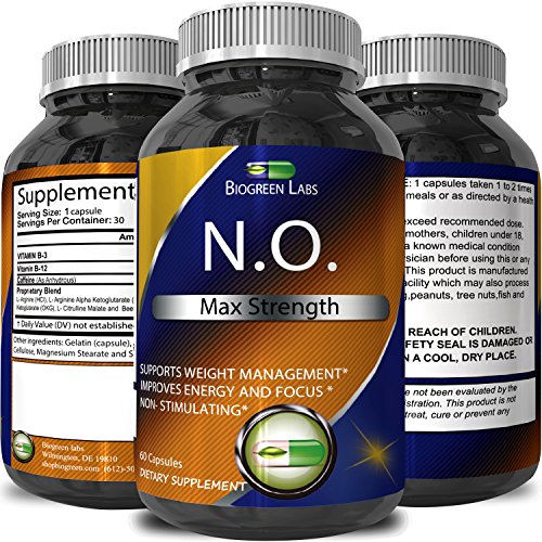 Pre Workout Nitric Oxide Supplement - L-Arginine + L-Citruline - Boosts Exercise Performance & Stamina - Improves Recovery - Supports Heart Health - Increases Libido - 60 capsules - Biogreen Labs