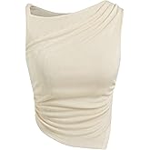 CIDER Tank Tops for Women Asymmetrical Neck Sleeveless Ruched Knit High Stretch Fit Trendy Tops