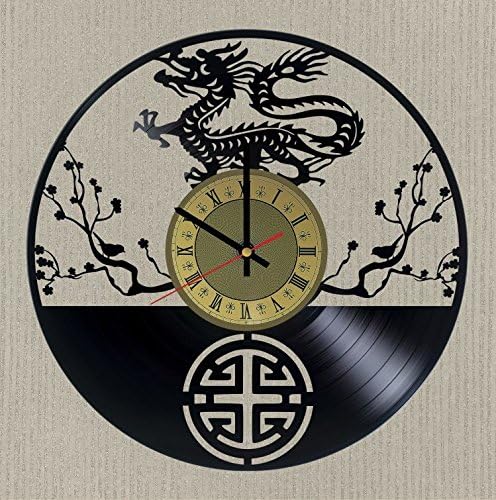 Chinese dragons vinyl wall clock - handmade artwork unique home bedroom living kids room nursery wall decor great gifts idea for birthday, wedding, anniversary - customize your clock (Gold/Black)