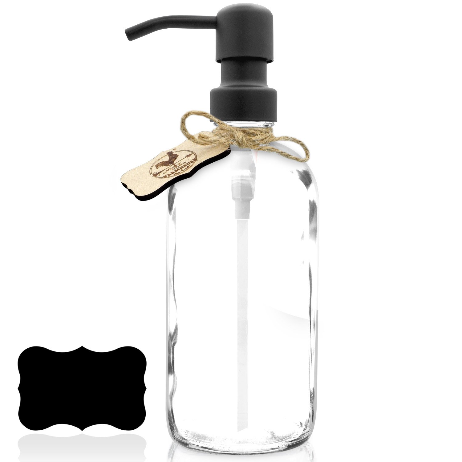 Premium Rustproof, 18/8 Stainless Steel, Liquid Hand Soap Pump/Lotion Dispenser - Vintage Inspired, Boston Round Clear Thick Glass with Bonus Chalk Label (16oz, Black Pump)