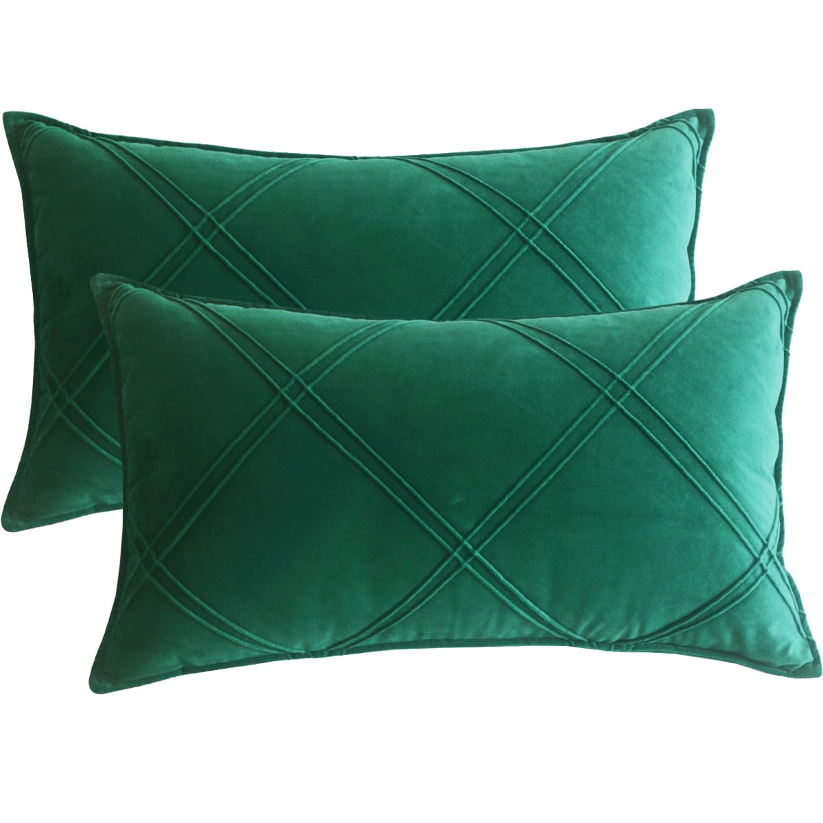 Lutanky Green Velvet Cushion Covers Decorative Rectangle Throw Pillow Covers Checked Design Elegant Pillowcases for Sofa Bed Living Room 12x20 Inch 30 x 50 cm Set of 2