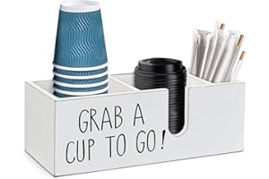 Cheeorry Coffee Station Organizer for Countertop, Cup and Lid Holder for Cup Lid Sleeve Pods Condiment, Wooden Disposable Cup Dispenser Holder for Bar Accessories Organizer Storage
