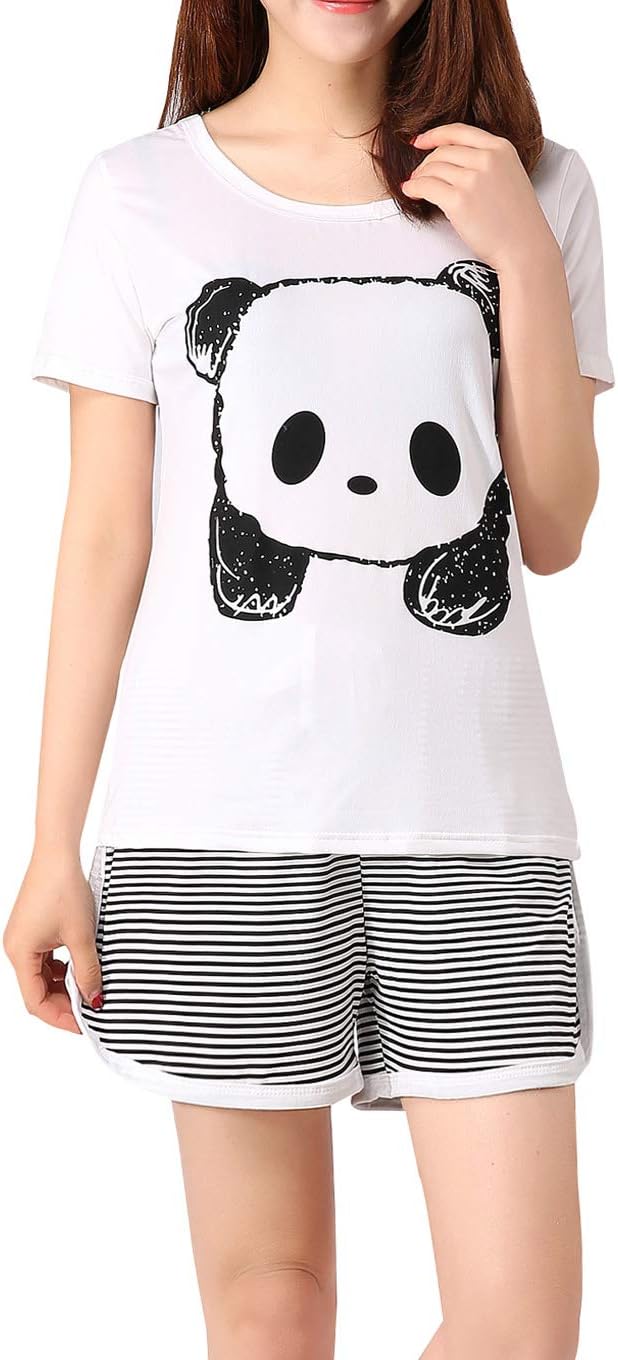 Women Pyjama Set Cute Panda Pattern Short Sleeve Striped Shorts Sleepwear