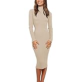 MEROKEETY Women's Long Sleeve Sweater Dress 2025 High Neck Slim Fit Ribbed Knit Midi Winter Dresses