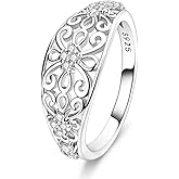 Hapour 925 Sterling Silver Ring for Women, Victorian Leaf Filigree Vintage Ring with CZ Stones Simple Statement Eternity Rings Everyday Unique Wedding Band Size 6-9