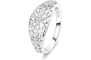 Hapour 925 Sterling Silver Ring for Women, Victorian Leaf Filigree Vintage Ring with CZ Stones Simple Statement Eternity Rings Everyday Unique Wedding Band Size 6-9