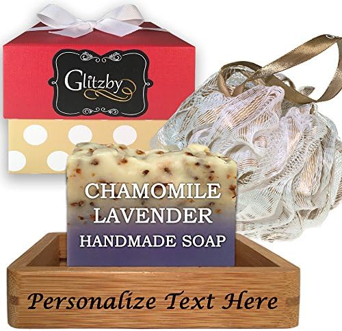Luxurious Valentines Day Gift Set (Lavender w Chamomile Soap) Add Personalized Name or Message - Handmade Soap Bath Gift Set, Includes Loofah & Bamboo Soap Dish Tray