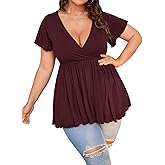 SweatyRocks Women's Plus Size Short Sleeve Deep V Neck Ruffle Hem Blouse Pleated Flared Peplum Top