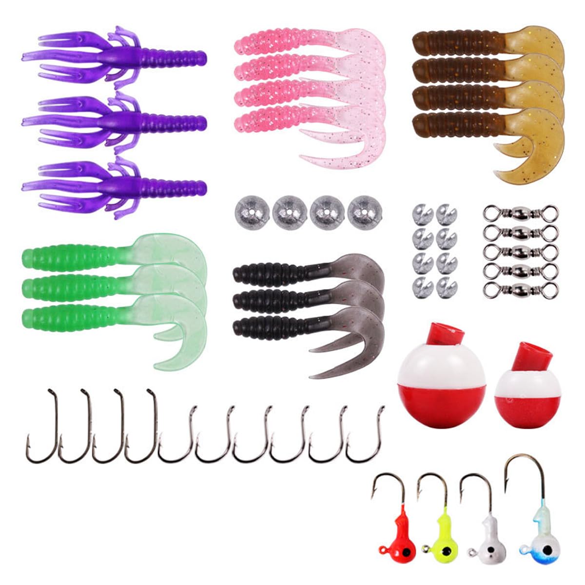 FOLANDO 50PCS Fishing Soft Lures, Fishing Weights Jig Heads Hooks Fishing Lures Fishing Baits Plastic Baits Kit for Fishing Trout Redfish Saltwater/Freshwater