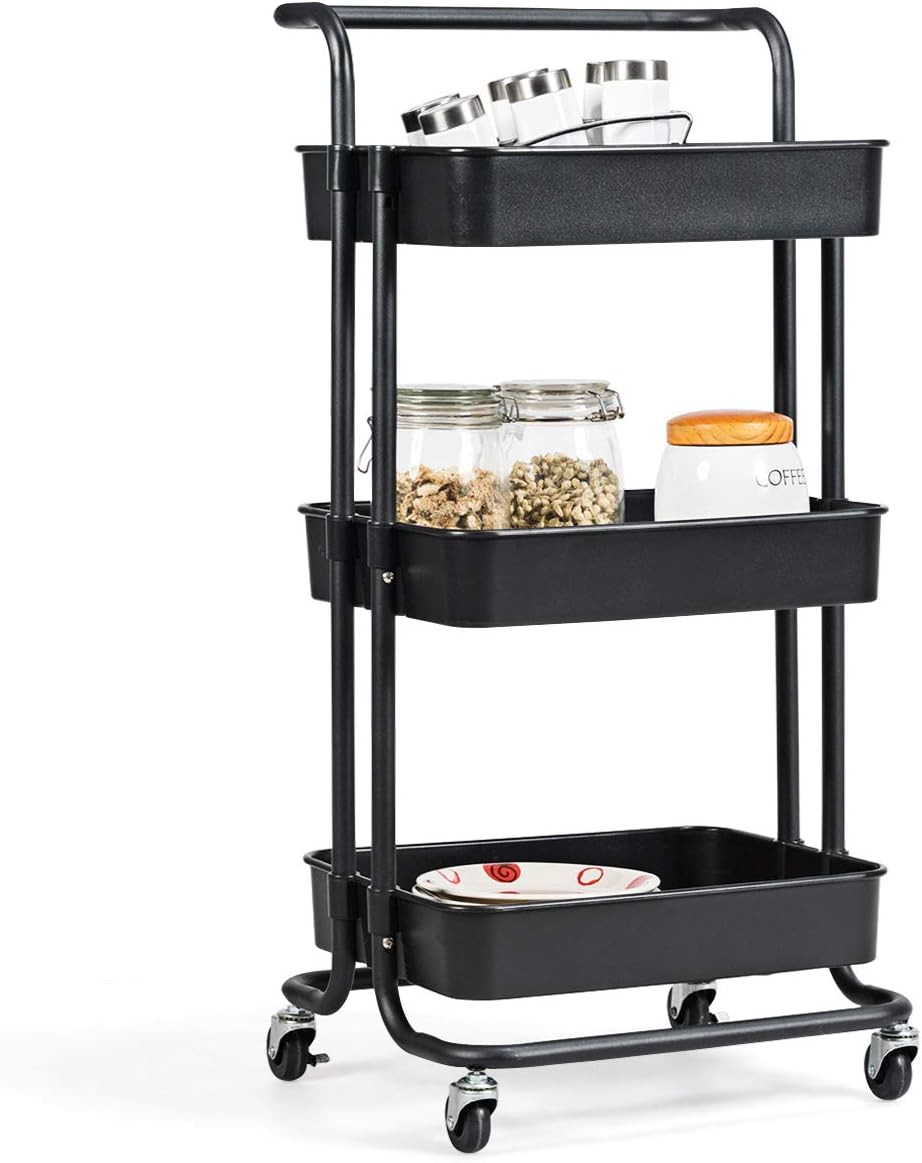 Giantex 3-Tier Utility Cart, Storage Rolling Cart with Casters, Multifunctional Organizer Cart with Top Handle, ABS Mesh Baskets, Storage Trolley with Brakes for Home and Office (Black)