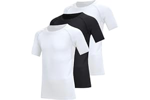 Geanrastn 3 Pack Boys Compression Shirt Short Sleeve Youth Athletic Undershirt Kids Quick Dry Athletic Base Layer T-Shirt
