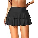 Pinup Fashion High Waisted Swim Skirt - Women Ruched Ruffle Bathing Suit Bottom Skorts with Built-in Shorts