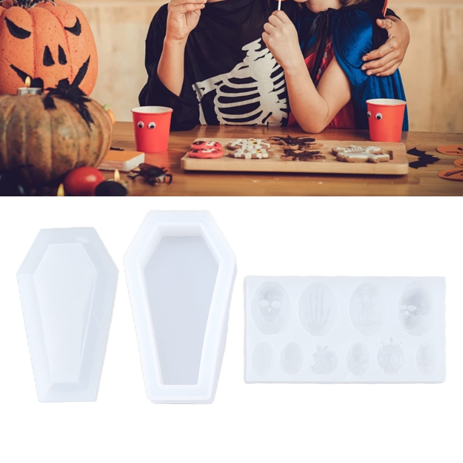3Pcs Halloween Resin Molds, Silicone Chocolate Model Coffin Skeleton Hand Skull for Candy Cake Home Kitchen
