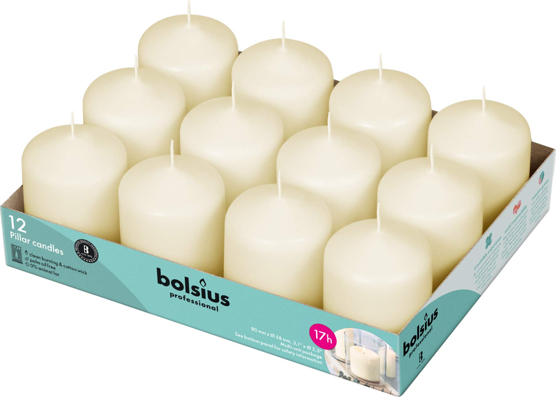 Bolsius Short Pillar Candles 3 inch (Pack of 12), Ivory, Size: 60(Dia) x 80(H)mm, Up to 22 Hours Burn Time per Candle, Low Smoke Wax, CR448