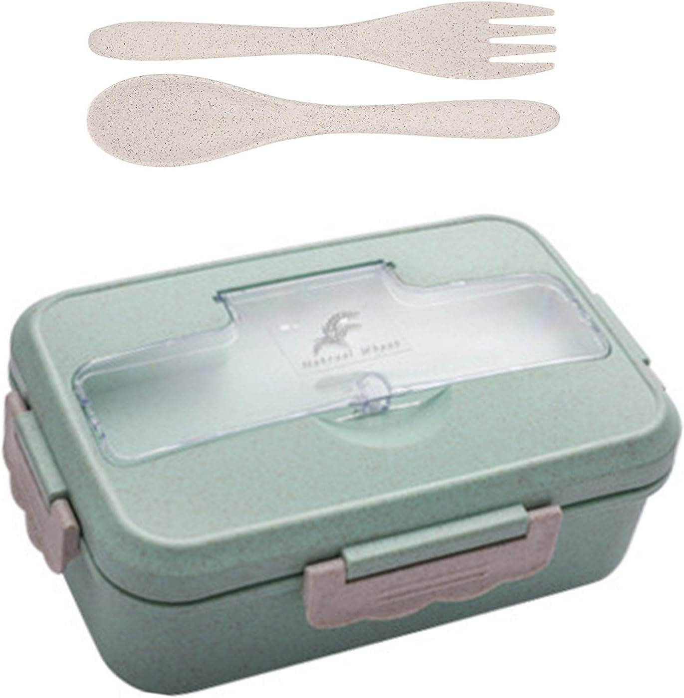Lunchbox, Bento-Lunchbox für Naturweizen, BPA-frei, Sandwichbox mit 3 Fächern und Besteck, Lunchbox für Weizenstroh, für Kinder, Erwachsene, geeignet für Mikrowelle und Geschirrspüler (Grün)