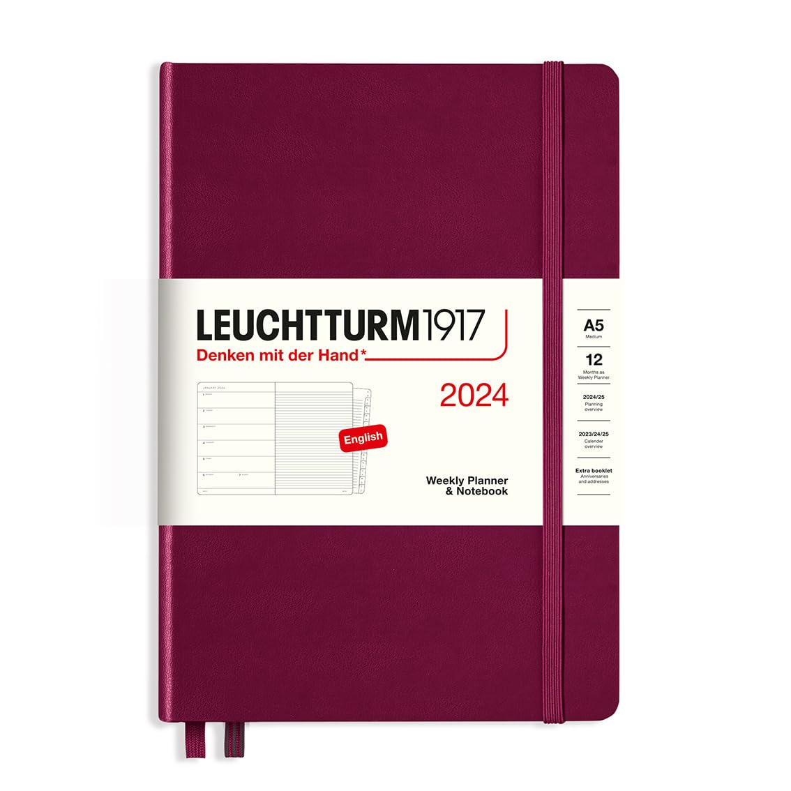 LEUCHTTURM1917 367713 Weekly Calendar & Notebook Medium (A5) 2024, 12 Months, Port Red, English