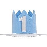 GORNZX First Birthday Crown Hat, Blue Felt with White Number 1, White Pom Pom Trim