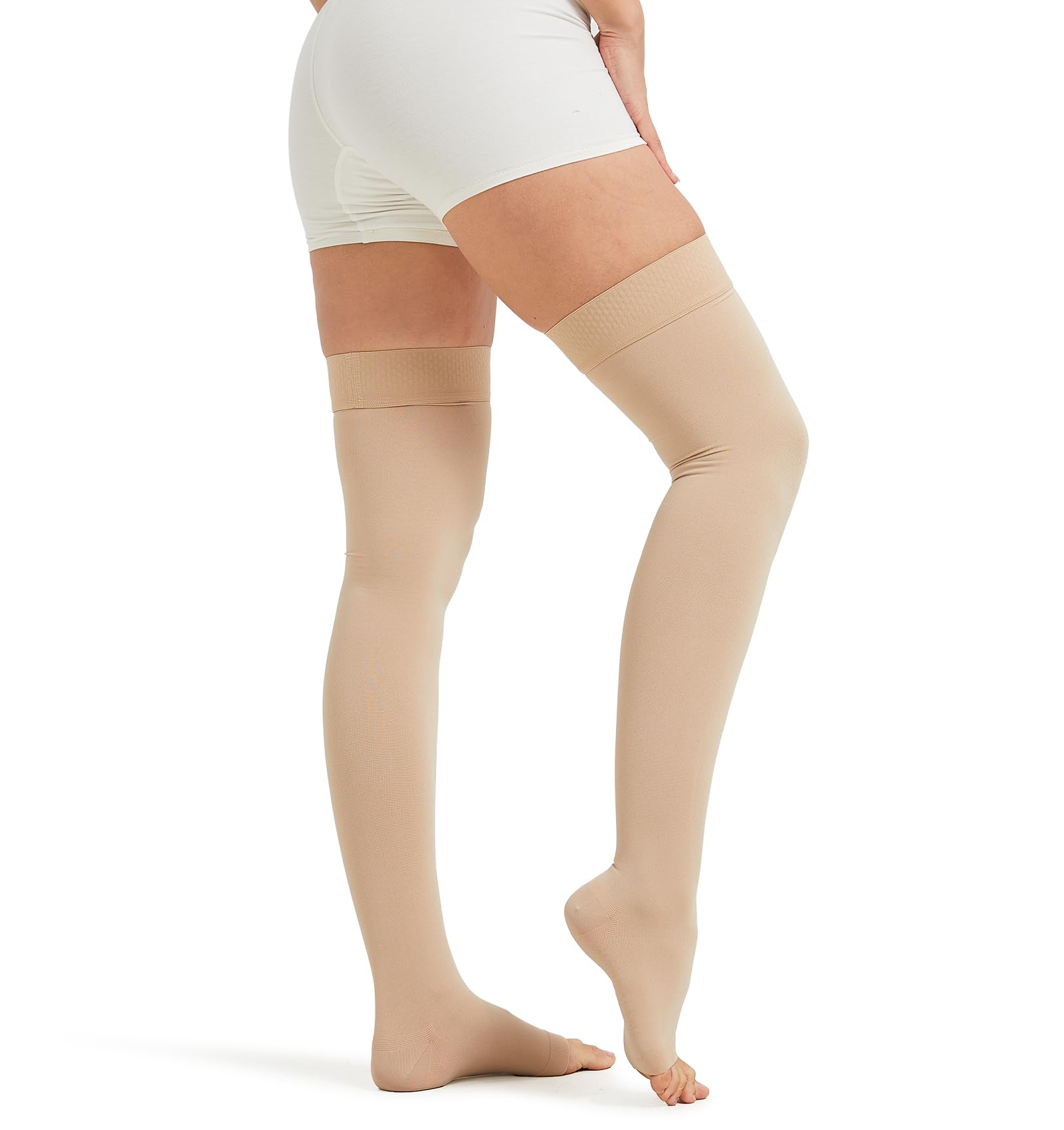 Photo 1 of NURCOM 20-30 mmHg Medical Compression Stockings for Women & Men, Open Toe Thigh High Compression Socks with Dot Silicone Band, Graduated Support Stockings for Varicose Veins, Swelling, DVT, Flight