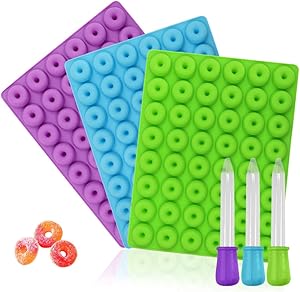 3 Pack Mini Donut silicone mold,YuCool Nonstick Food Grade Silicone Candy Chocolate Jelly, Ice Cube with 3 Bonus Droppers-Blue,green,Purple
