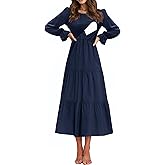 CzzzyL Women's Nursing Dress Flounces Long Sleeve Crew Neck Smocked Bodice Ruched Elastic Waist Tiered Midi with Pockets
