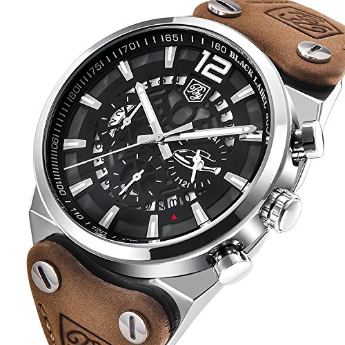 Men’s Fashion Business Quartz Watch with Brown Leather Strap Skeleton Military Chronograph Waterproof Date Display Analog Sport Wrist Watches for Male