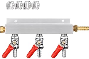MRbrew Gas Manifold, CO2 Gas Distributor, 5/16'' Barb Fitting Beer Kegerator Splitter, 3-Way Air Distributor with Integrated Check Valves & Hose Clamps