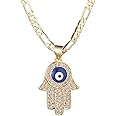 kelistom 14K Gold Plated Evil Eye Hamsa Hand Necklace for Women Men | Gold Cubic Zirconia Inlay Evil Eye Pendant Necklace | 3mm Figaro Chain Necklace 18/22 inches