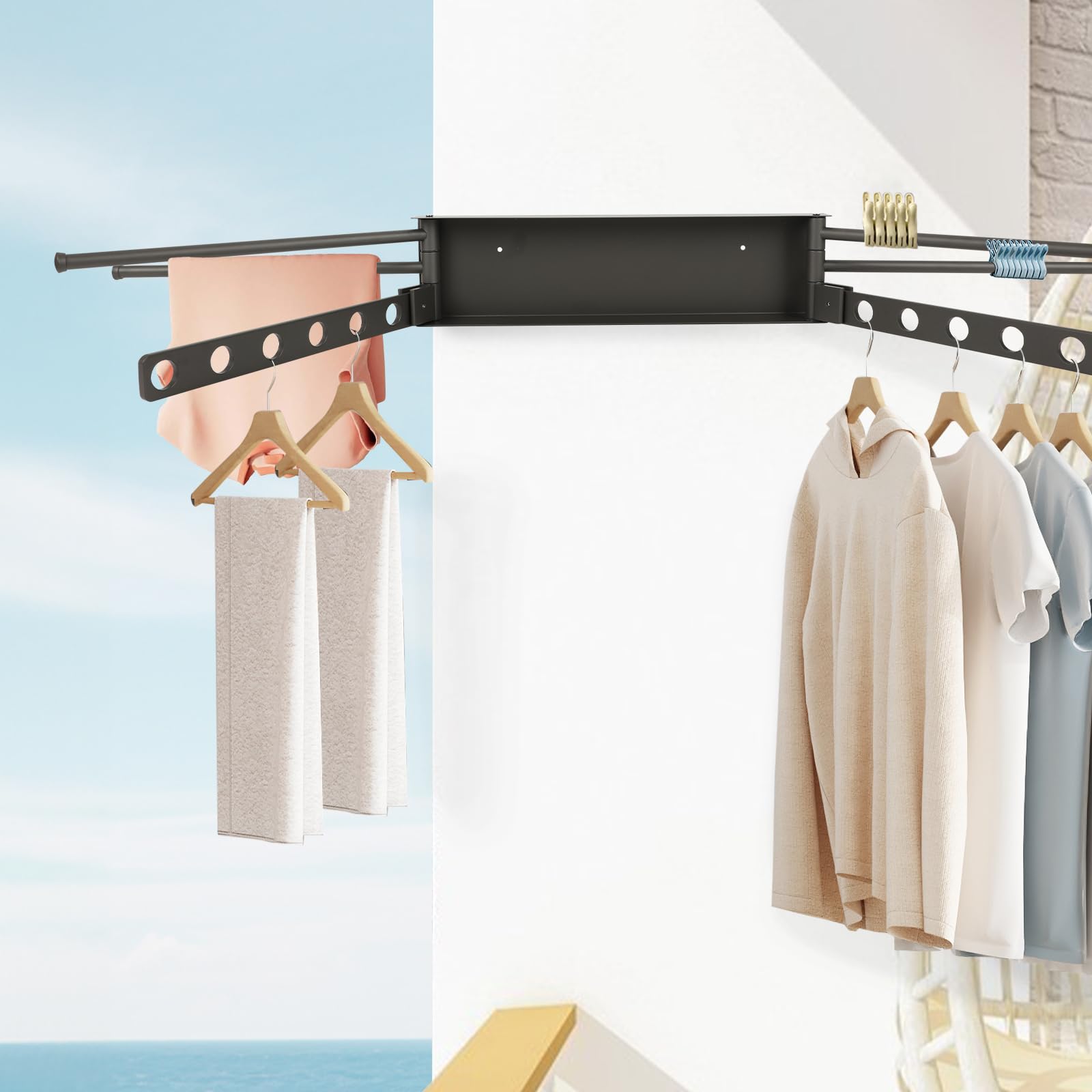 KMDZDZGS Clothes Drying Rack, Space Saver Wall Mounted Clothes Rack, Foldable clothes drying rack, Strong Load-Bearing, Rotatable clothes drying rack for Balcony, Bathroom, Bedroom (Black, 2 edges)