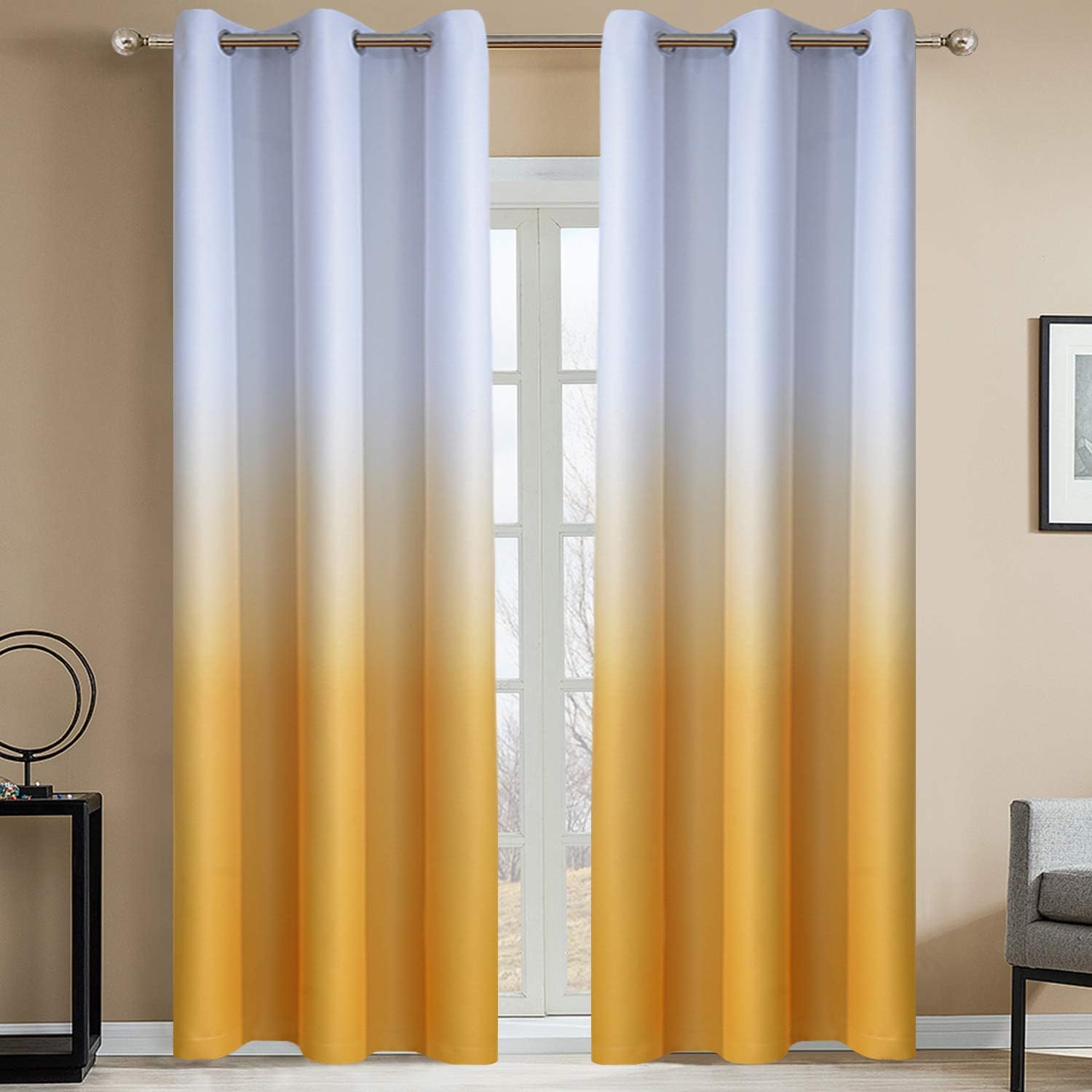 Amazon Com Light Blocking Gradient Color Curtains Ombre Blackout Curtains Room Darkening Thermal Insulated Grommet Window Drapes For Living Room Bedroom Mustard Yellow 2 Panels 42x84 Inch Furniture Decor