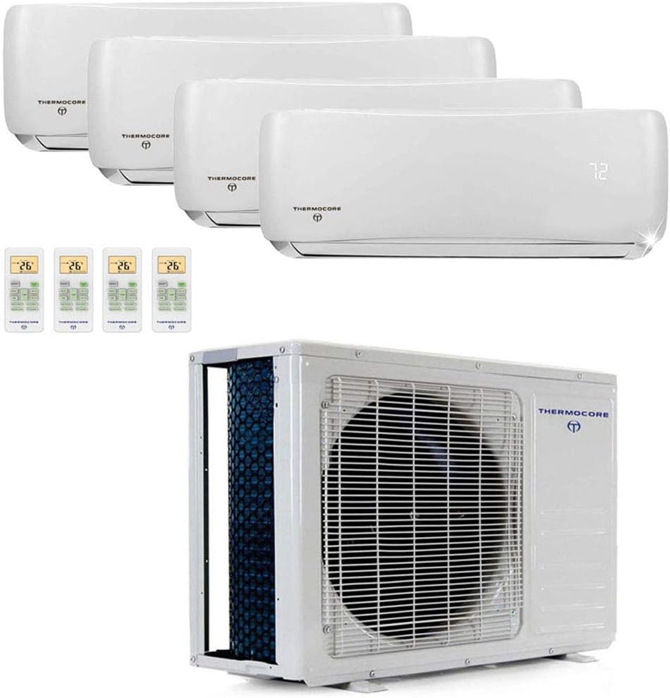 Thermocore Quad Zone Ductless Mini Split Air Conditioner Heat Pump : 9000 X 3 + 12000 Btu, Large, White