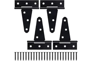 BOODVON 4 Inch T-Strap Gate Hinges, Shed Barn Door Hinges Heavy Duty, Black Tee Hinges for Wooden Fences, Yard Gate, Wrought Hardware Iron Rustproof (4Pack/Set)