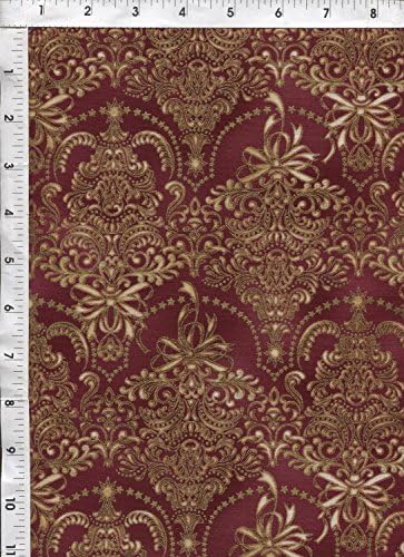 Robert Kaufman "Holiday Flourish 7" Metallic Floral Christmas Damask on Cranberry Fabric