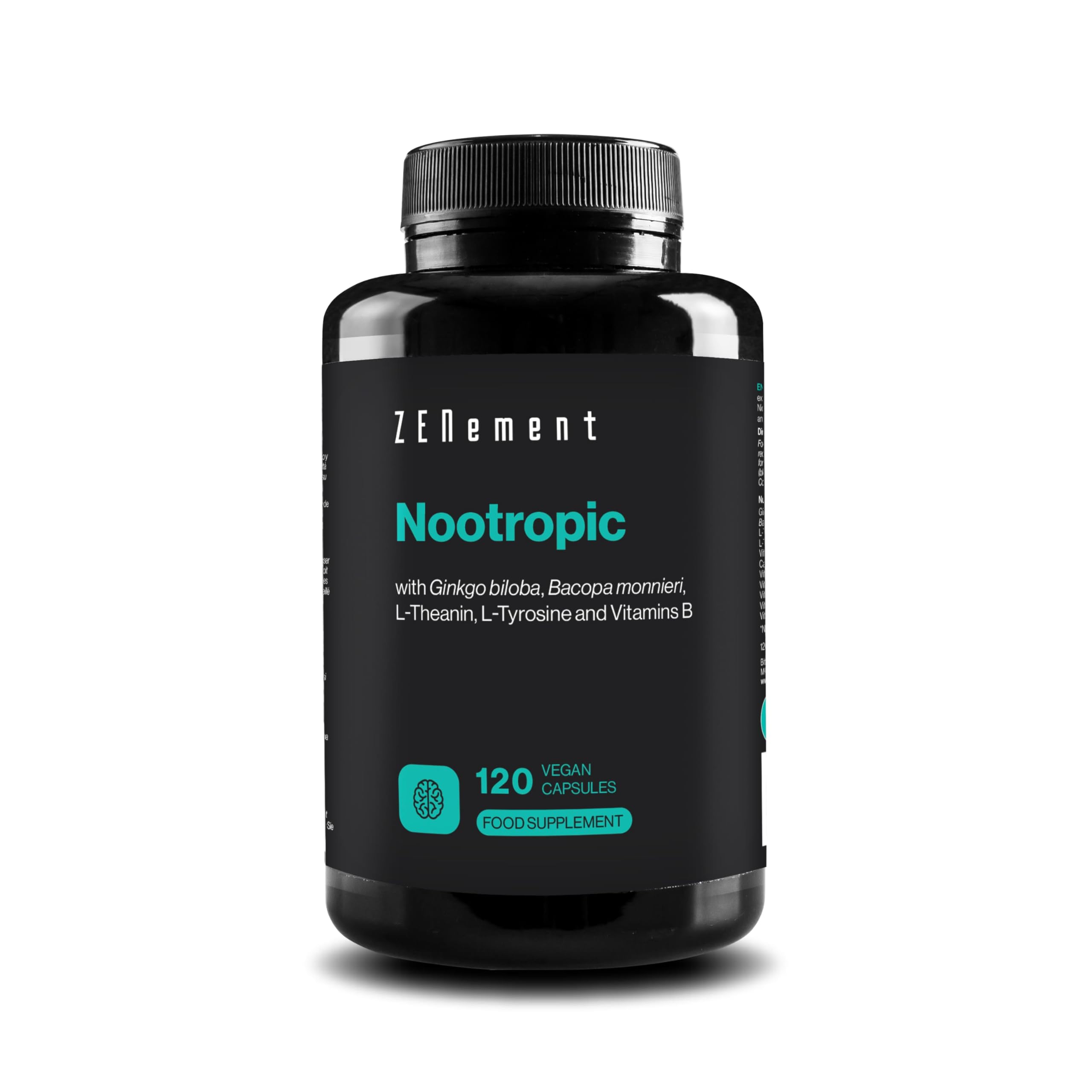 Nootropic, with Ginkgo biloba, Bacopa monnieri, L-Theanin, L-Tyrosine and Vitamins B, 120 Vegan Capsules | Memory, Concentration, Clear Thinking | Vegan, Additive Free, Allergen Free | Zenement