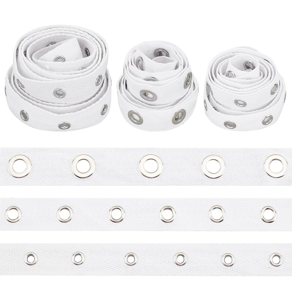 BENECREAT 6 Yards White Cotton Grommet Eyelet Twill Tape Trim, 3 Sizes Cotton Snap Button Trim Silver Metal Eyelet Ring Ribbon Strip for Sewing Crafts Making, 2 Yards/Size