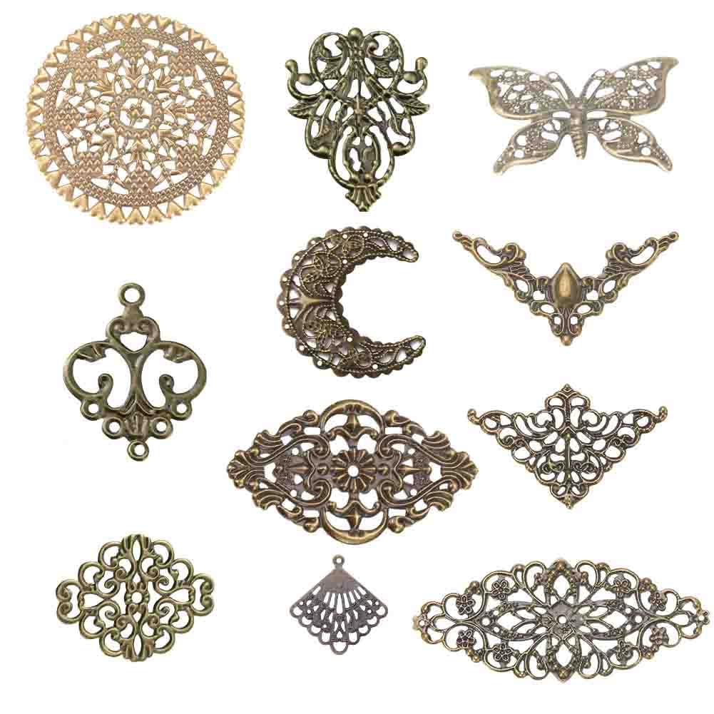 SUNNYCLUE 88pcs 11 Styles Antique Bronze Filigree Flower Connector Charms for DIY Jewellery Making
