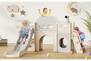 Babytronic Toddler Slide, 8 in 1 Kids Indoor Slide for Toddler 1-3, Indoor Outdoor Toddler Playground with Basketball Hoop and Telescope, Baby Slide Toddler Indoor Slide Playset(White&Gray)