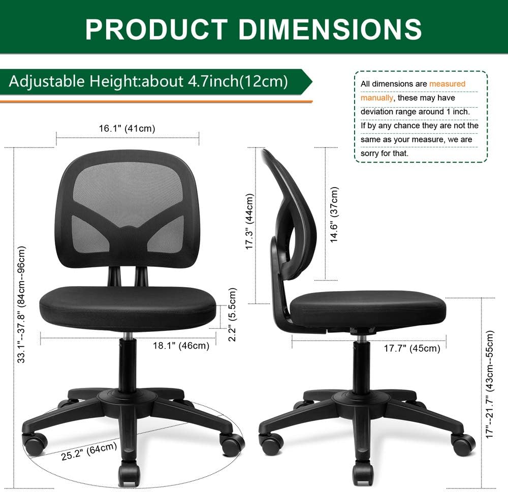 KOLLIEE Armless Mesh Office Chair Ergonomic Comfortable Armless Desk Chair Small Black Adjustable Computer Chair No Armrest Mid Back Swivel Task Chair for Small Spaces: Kitchen & Dining