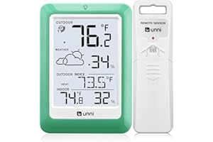 U UNNI Indoor Outdoor Thermometer Wireless, Temperature Humidity Monitor Battery Powered Inside Outside Thermometers with 330ft Range Remote Sensor(Green)