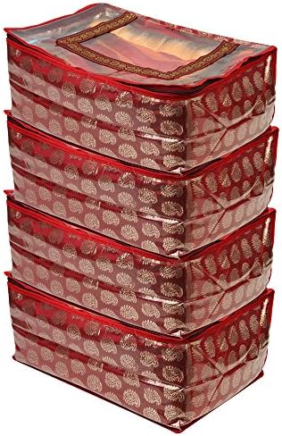 Clasiko Designer Fancy Saree Cover with Gotta Patti Border Pack of 3; Transparent On Top; Size - Large; Color - Golden