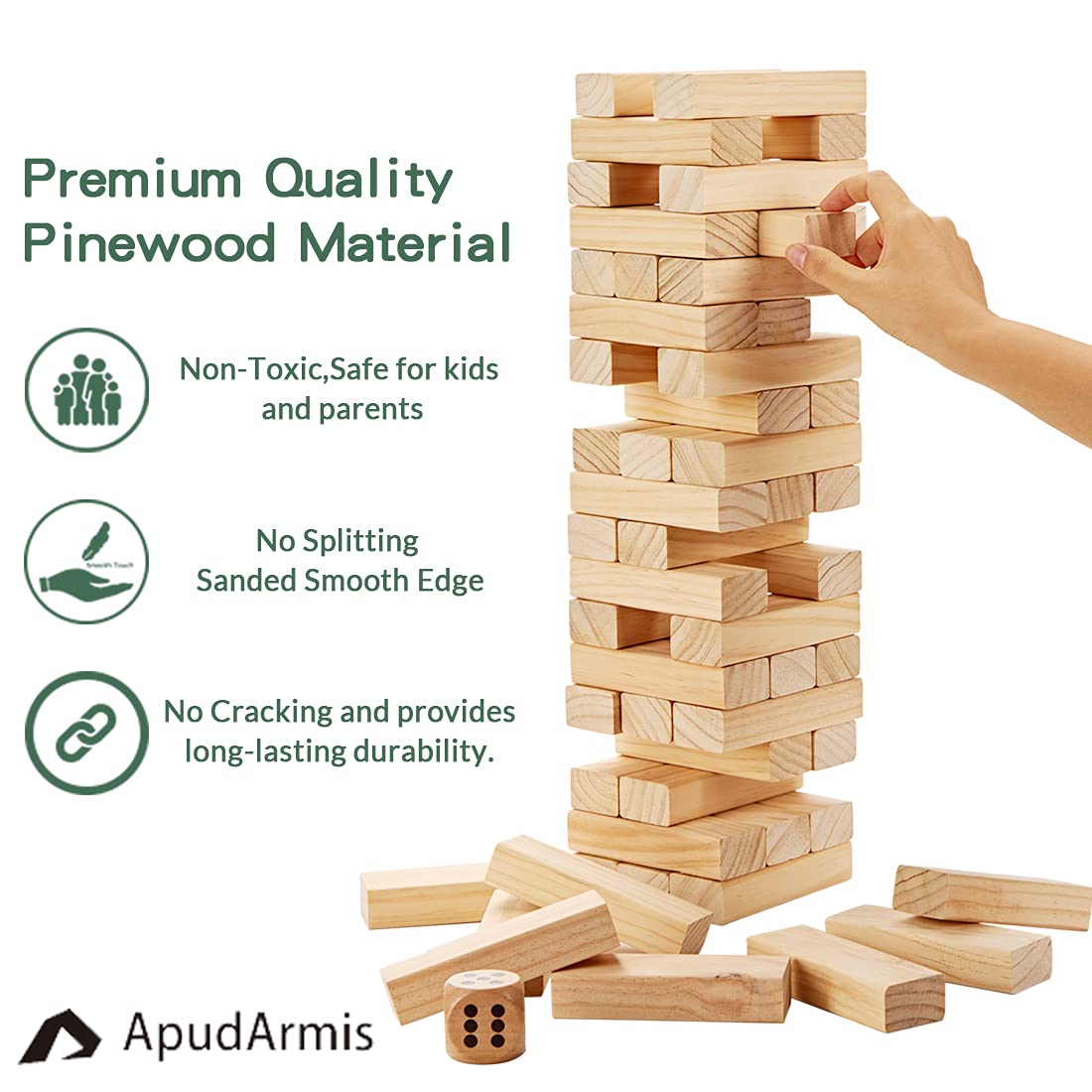 ApudArmis 54 PCS Tumble Timber Set [Up to 3.2FT], Pine Wooden Tumble Tower Game with Dice and Scoreboard Set - Classic Block Stacking Board Game for Teens Children Teenagers