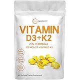 Vitamin D3 5000IU Plus K2, 2 in 1 Formula, Vitamin D3 with MK7 Vitamin K2, 300 Soft-Gels, Immune Vitamin Complex with Virgin 